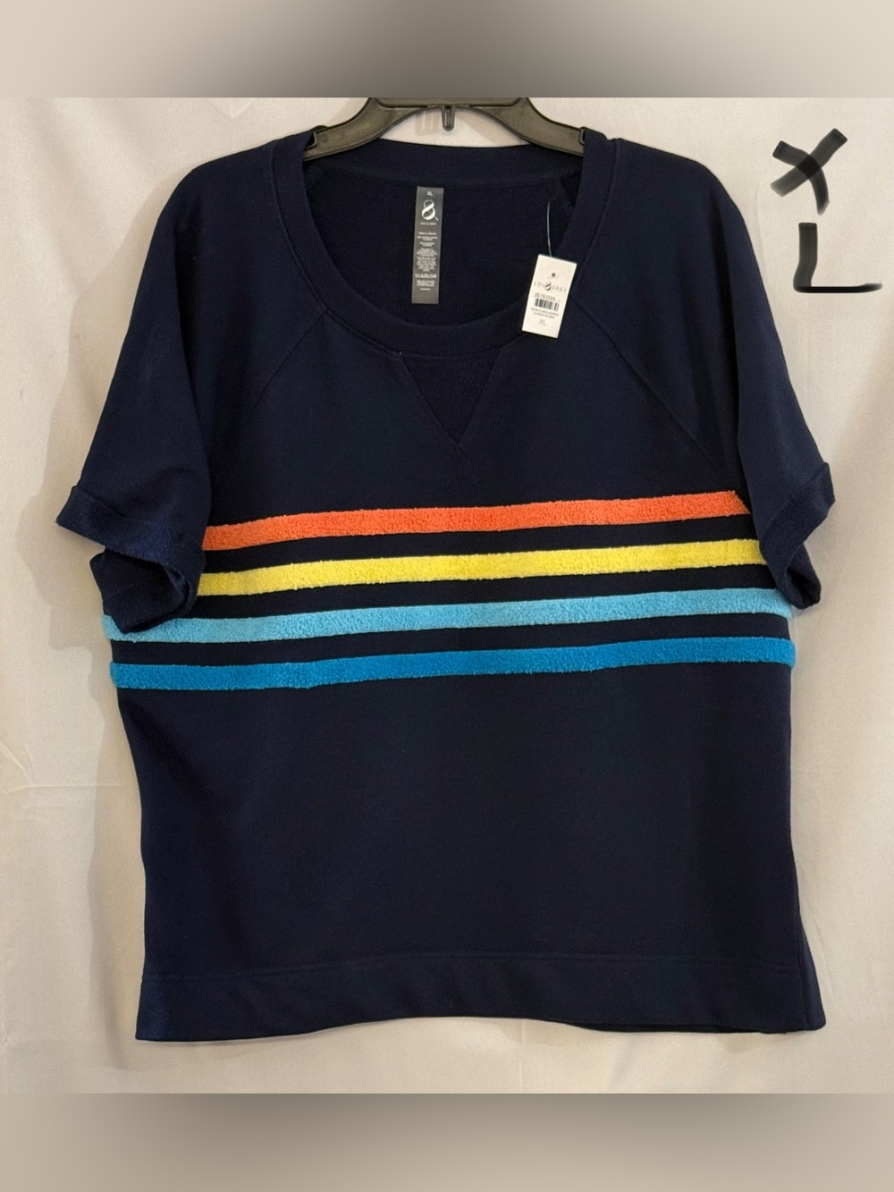 Lou & Grey Navy Short Sleeve Pullover with Orange, Yellow and Blue Stripes